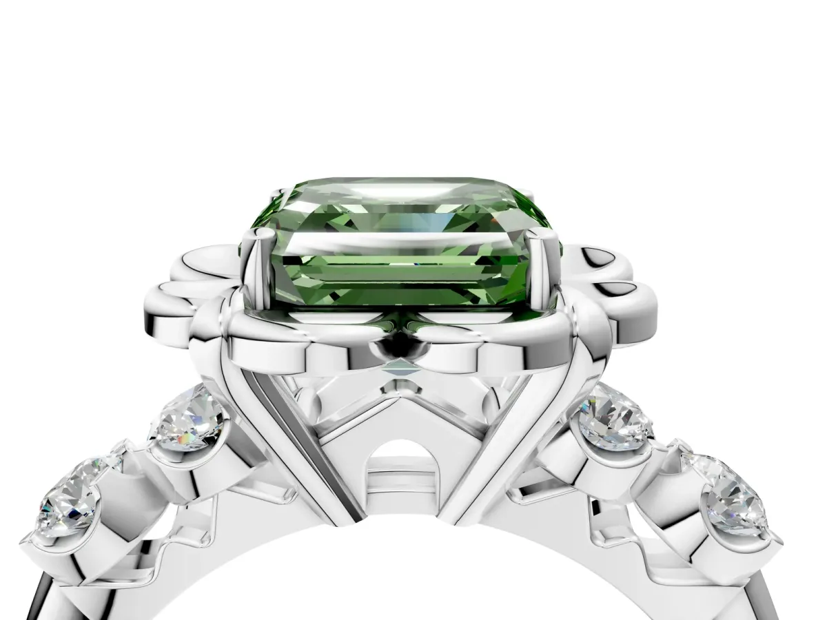Fancy Green Asscher Cut Cut Diamond Floral Halo Engagement Ring with Shared Prong Setting Silver
