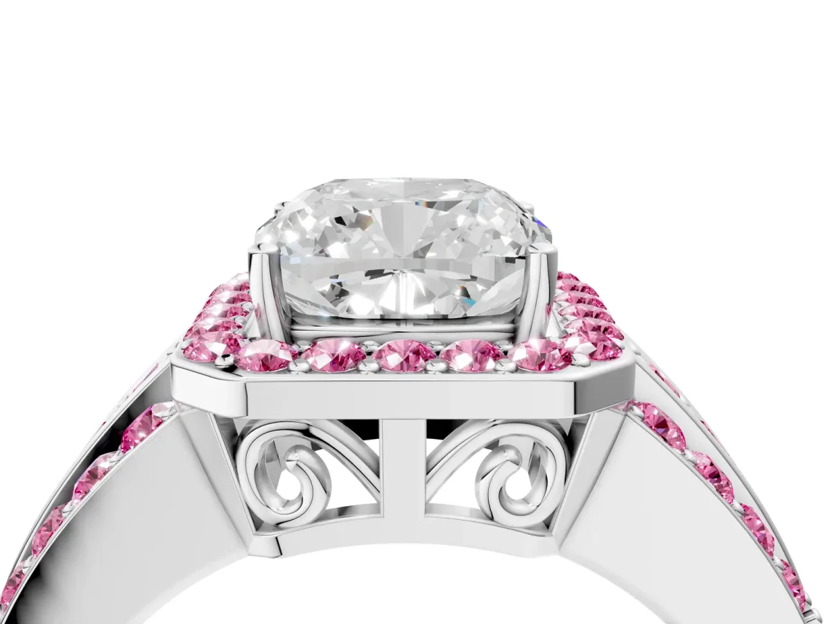 Cushion Cut Halo Diamond Ring with Round Pink Sapphire Split Shank and Prong Setting Silver