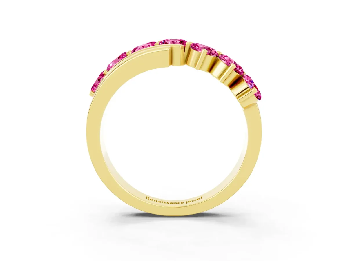 Round Pink Sapphire Wave Band with Channel and Shared Prong Setting Yellow gold