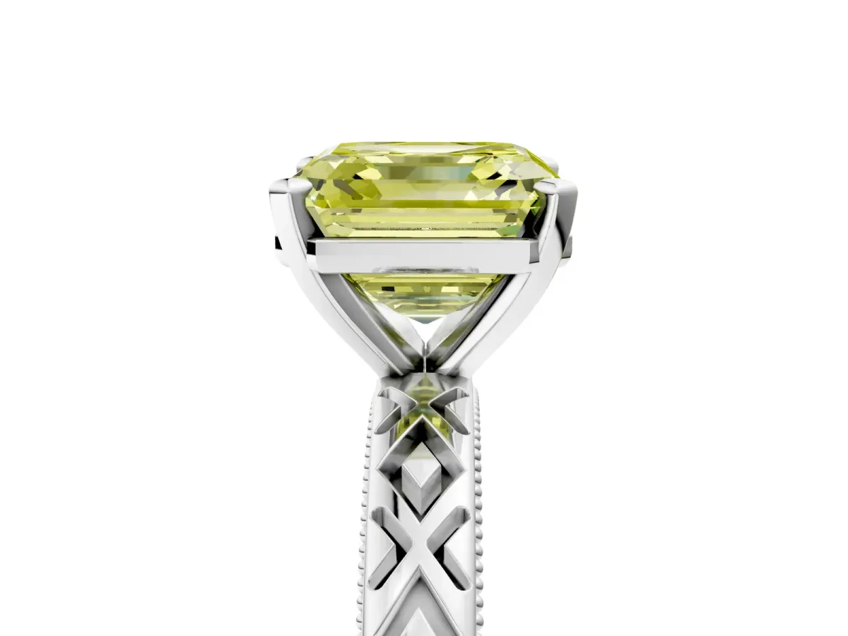 Fancy Yellow Asscher Cut Solitaire Diamond Ring with Milgrain and Black Enamel X Pattern Band Platinum