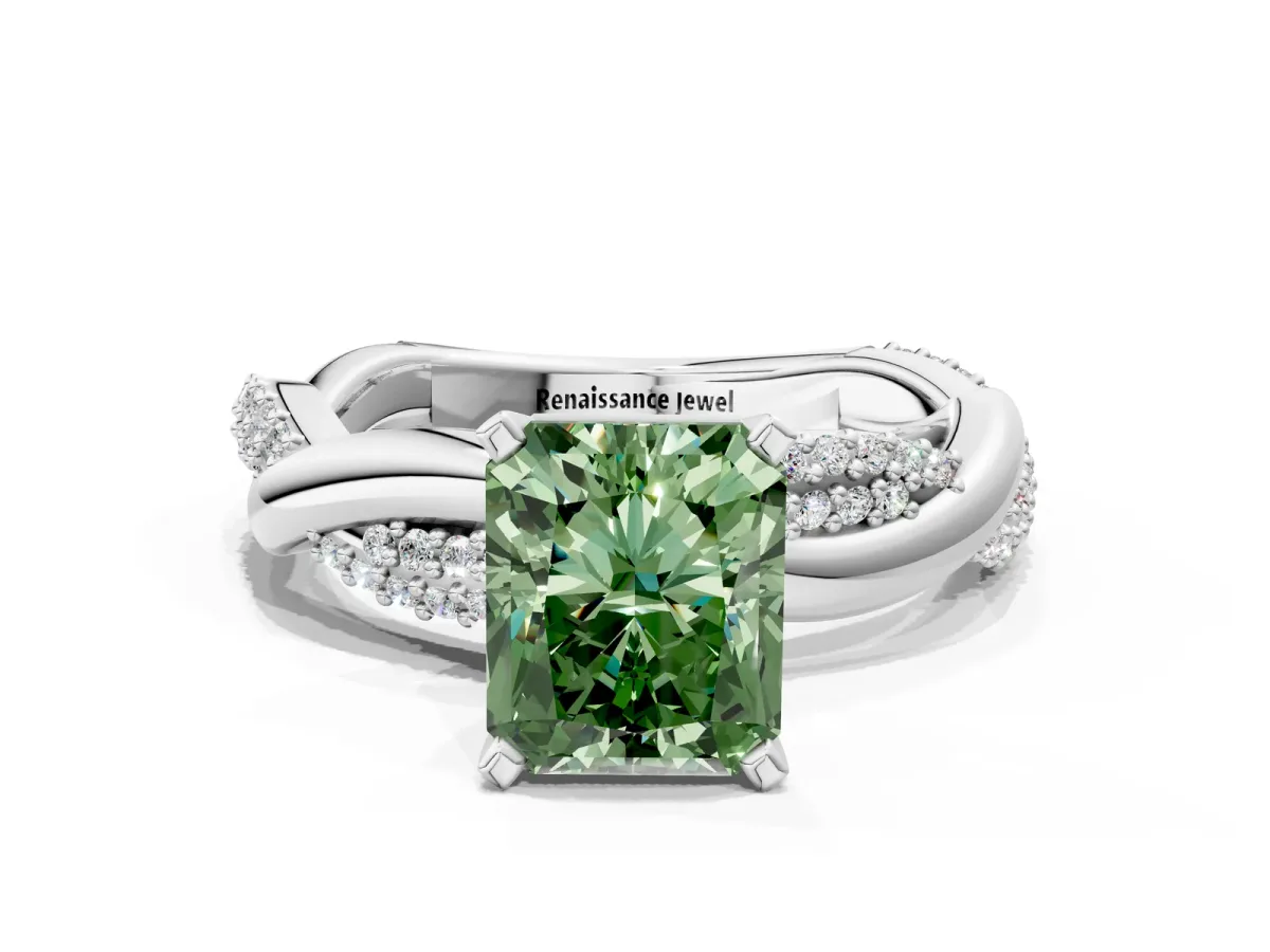 Fancy Green Radiant Cut Solitaire Twist Band with Pave Prong Setting Platinum