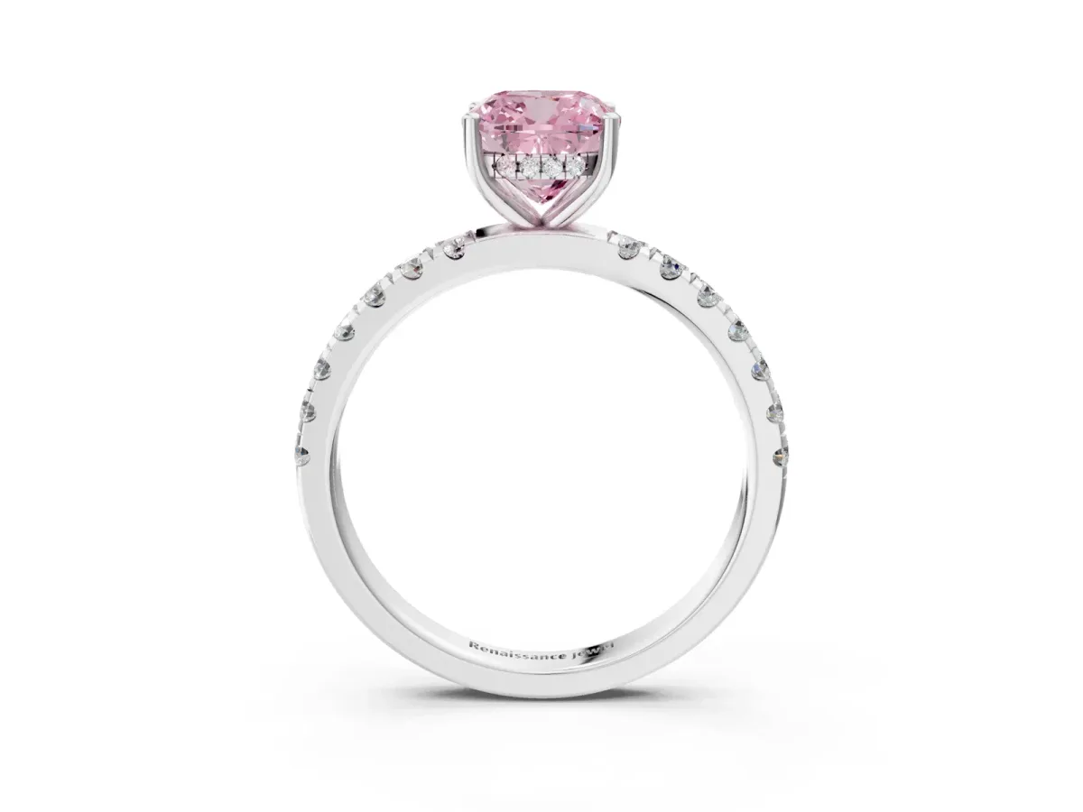 Fancy Pink Cushion Cut Diamond Pave Band Solitaire Ring with Round and Prong Setting Silver