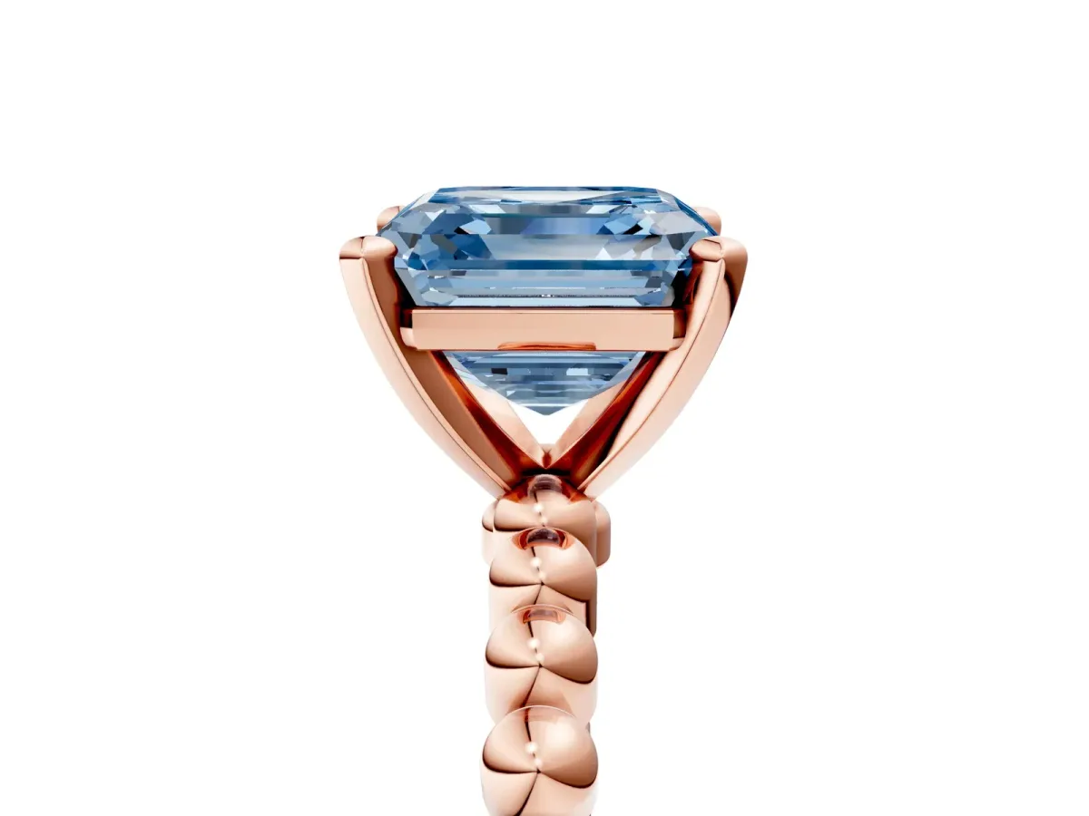 Fancy Blue Asscher Cut Diamond Solitaire Ring with Beaded Band and Prong Setting Rose gold