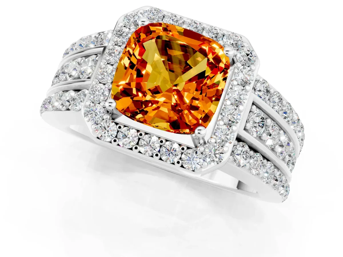 Cushion Cut Halo Citrine Ring with Round Split Shank and Prong Setting Silver