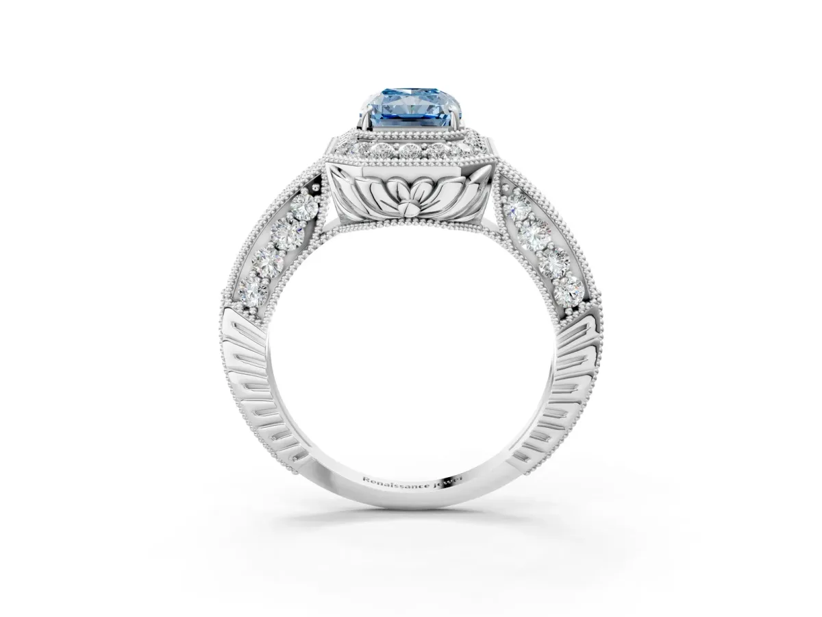 Fancy Blue Radiant Cut Halo Diamond Split Shank Ring with Milgrain Detail Platinum