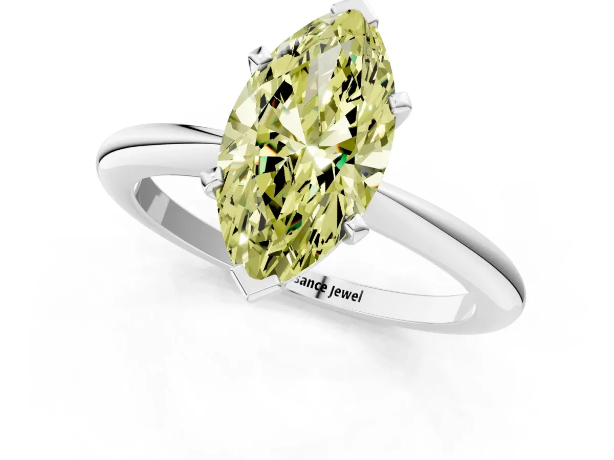 Fancy Yellow Marquise Cut Diamond Solitaire Ring with Six-Prong Setting and Classic Band Silver