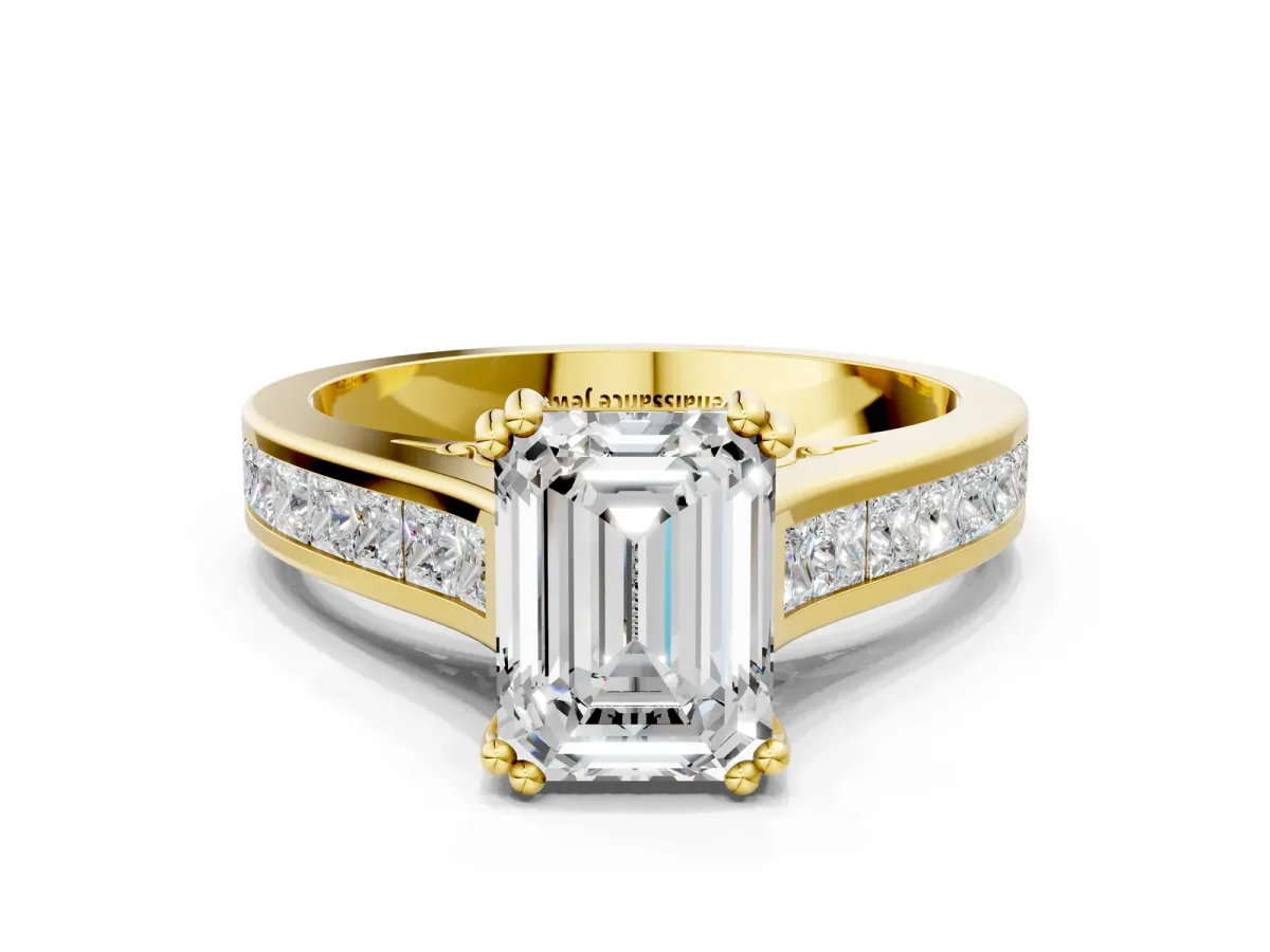 Emerald Cut Cut Channel Set Solitaire Engagement Ring with Prong Setting Yellow gold