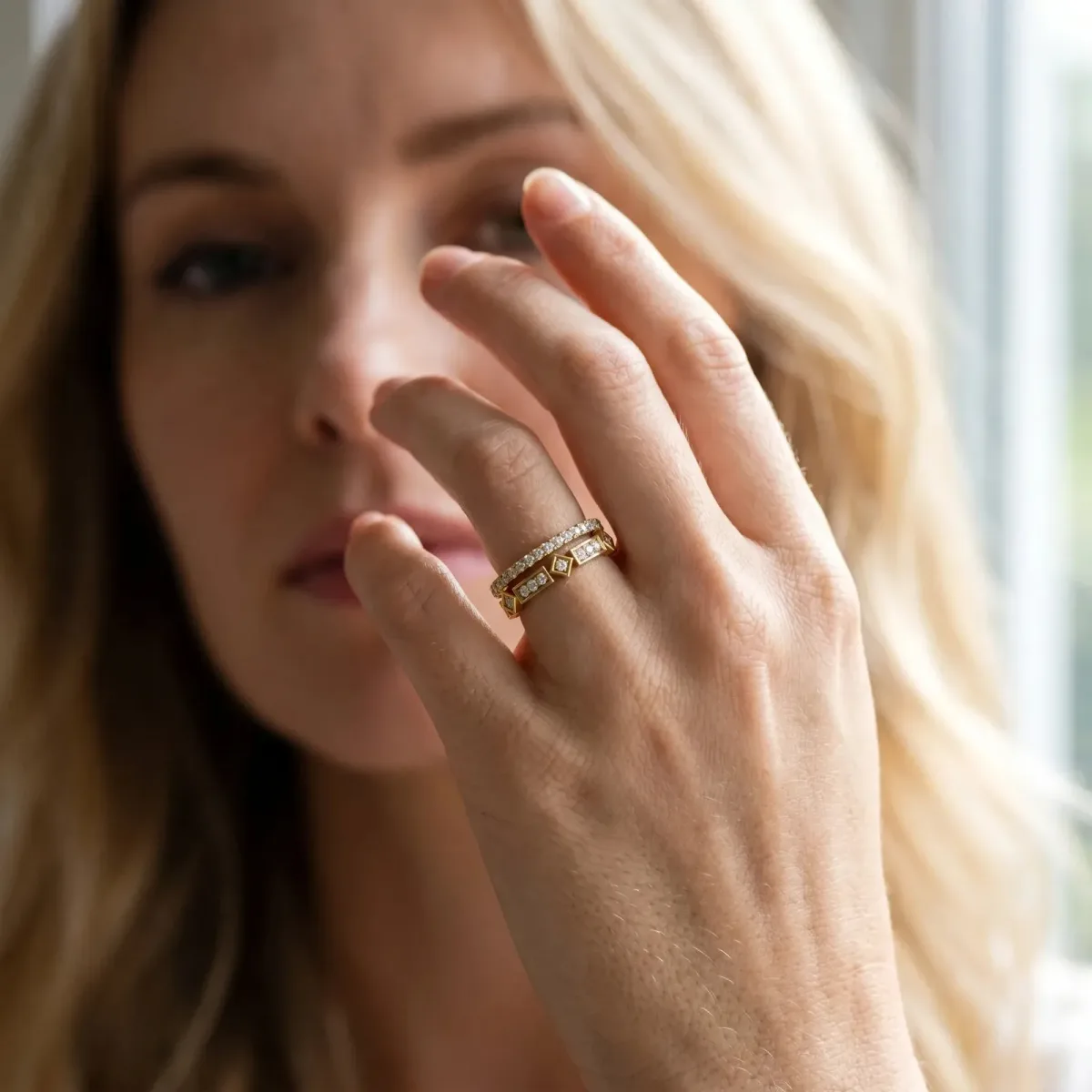 Pavé Round Diamond Channel Set Dual Band with Prong Setting Yellow gold