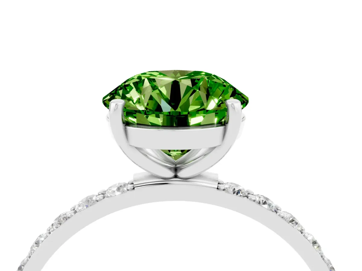 Round Cut Peridot Solitaire Ring with Round Pavé Band and Prong Setting Platinum