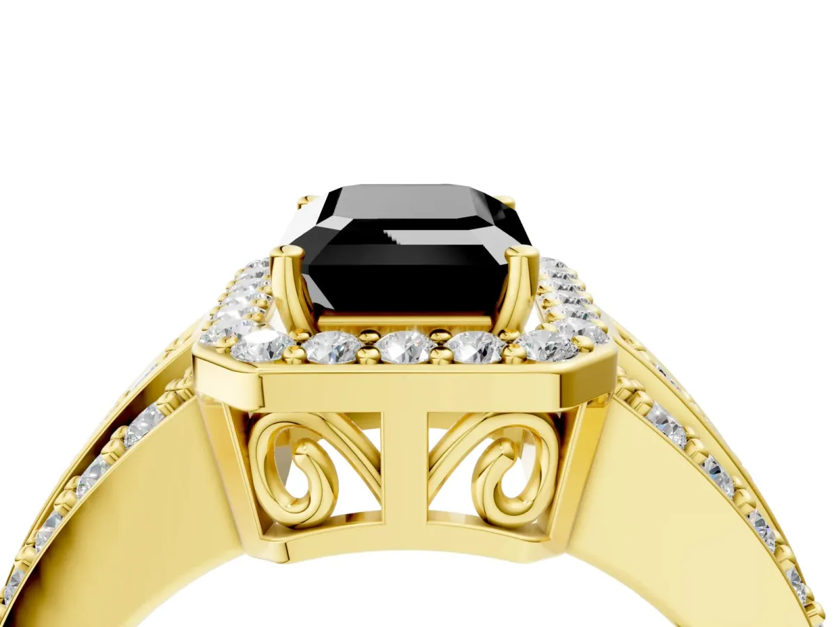 Fancy Black Emerald Cut Halo Diamond Ring with Round Split Shank and Prong Setting Yellow gold