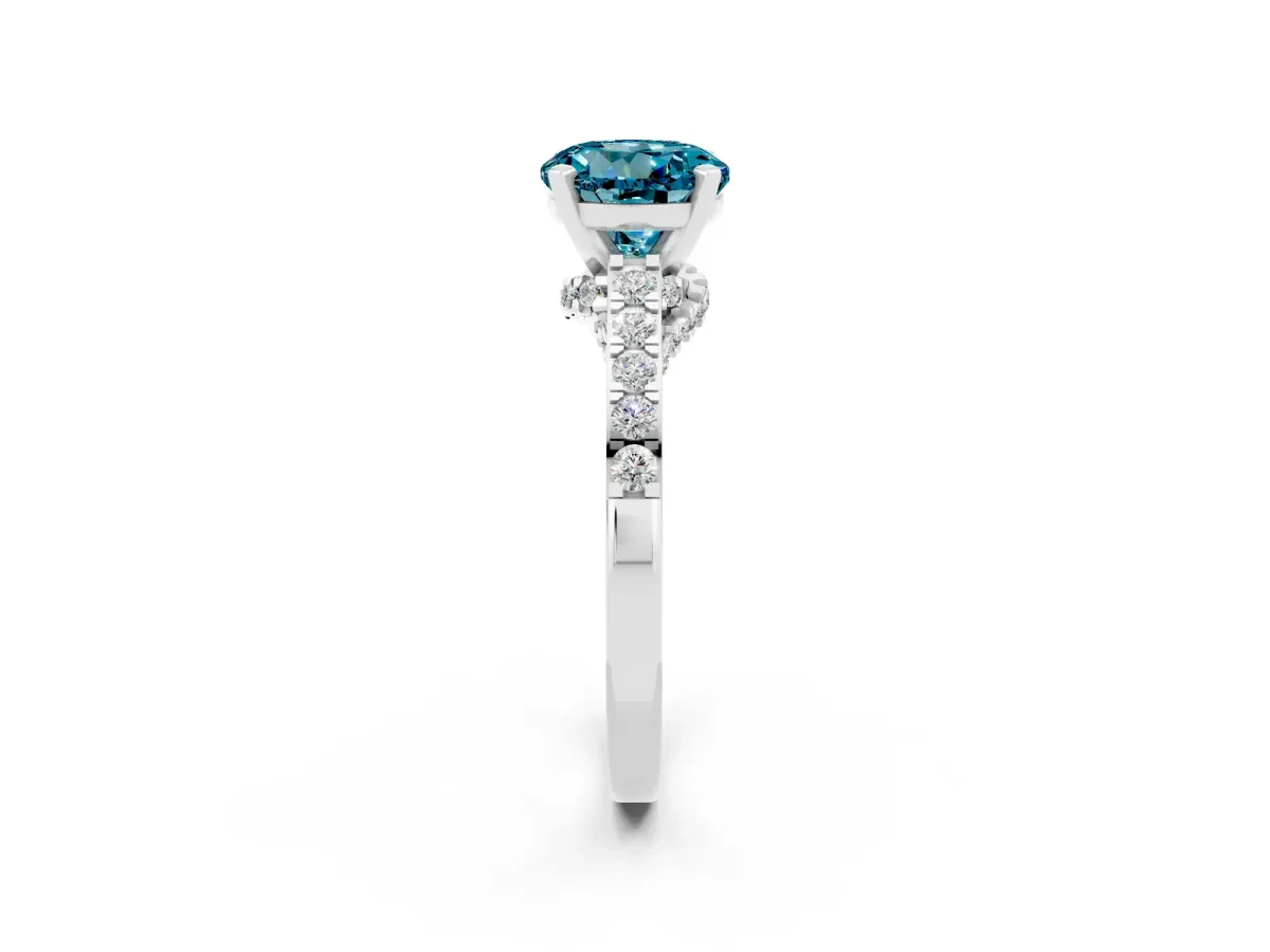 Round Cut Blue Topaz Solitaire Ring with Crossover Gallery and Round Pavé Band Silver