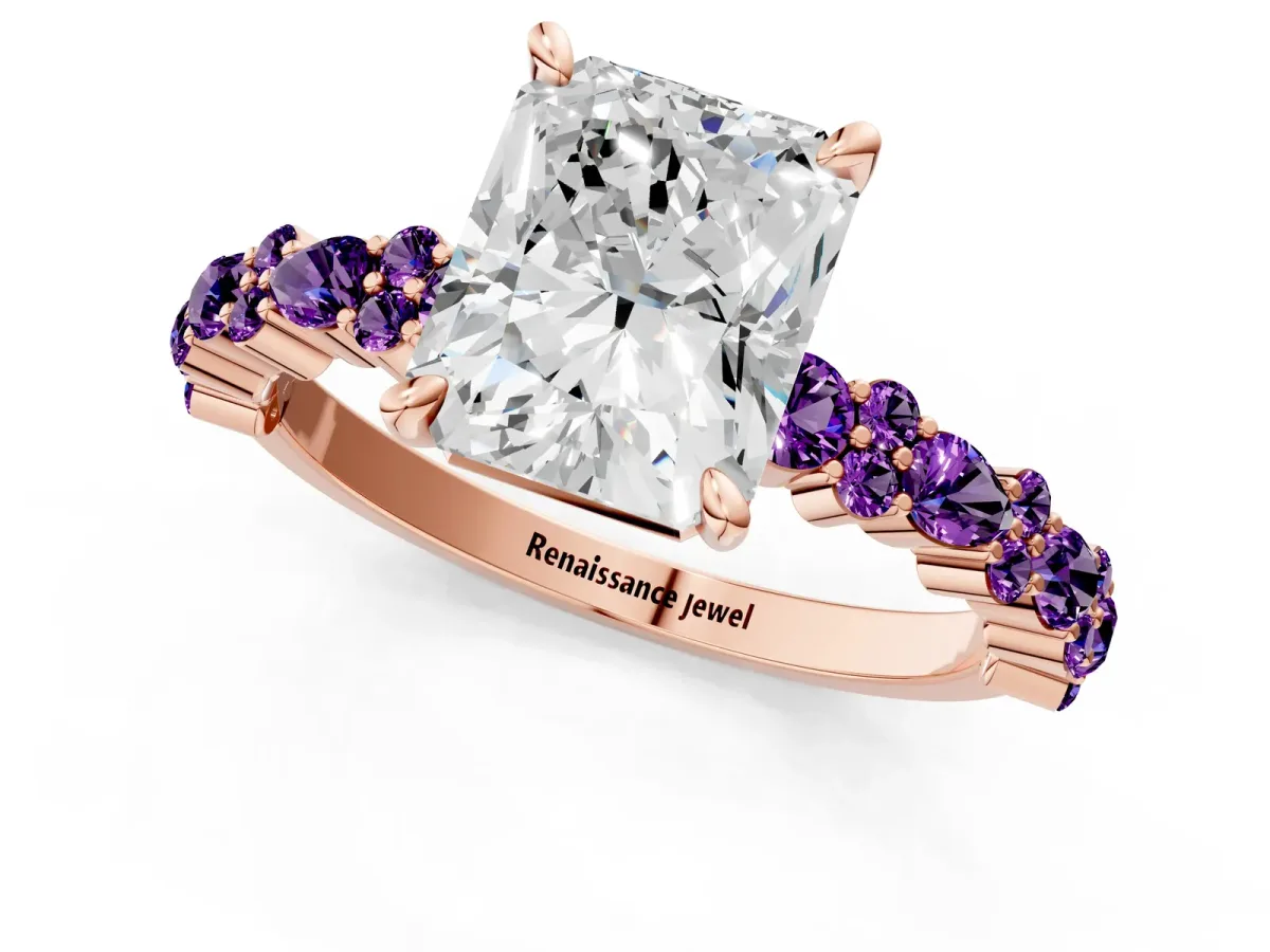 Radiant Cut Diamond Side Stone Solitaire Ring with Round Amethyst and Four-Prong Setting Rose gold