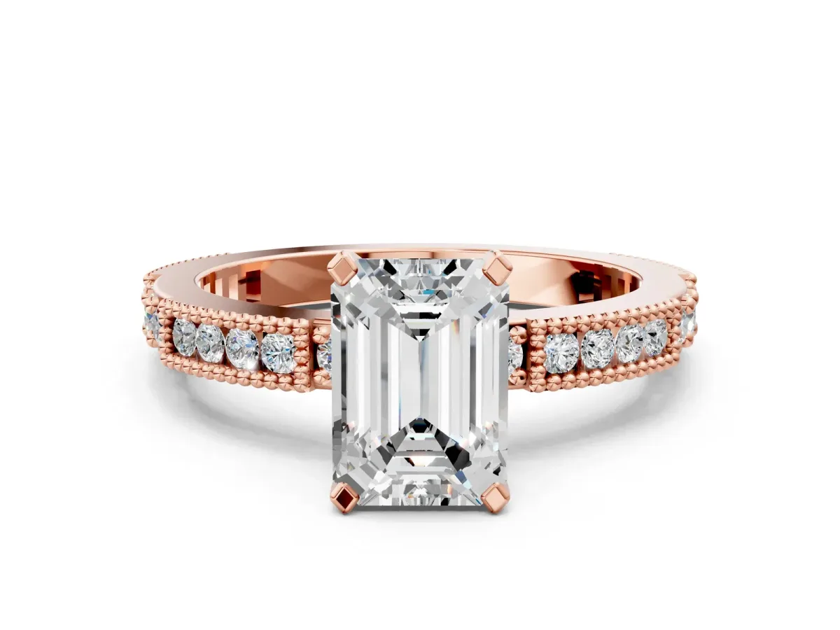 Emerald Cut Solitaire with Pavé Band and Four-Prong Setting Rose gold