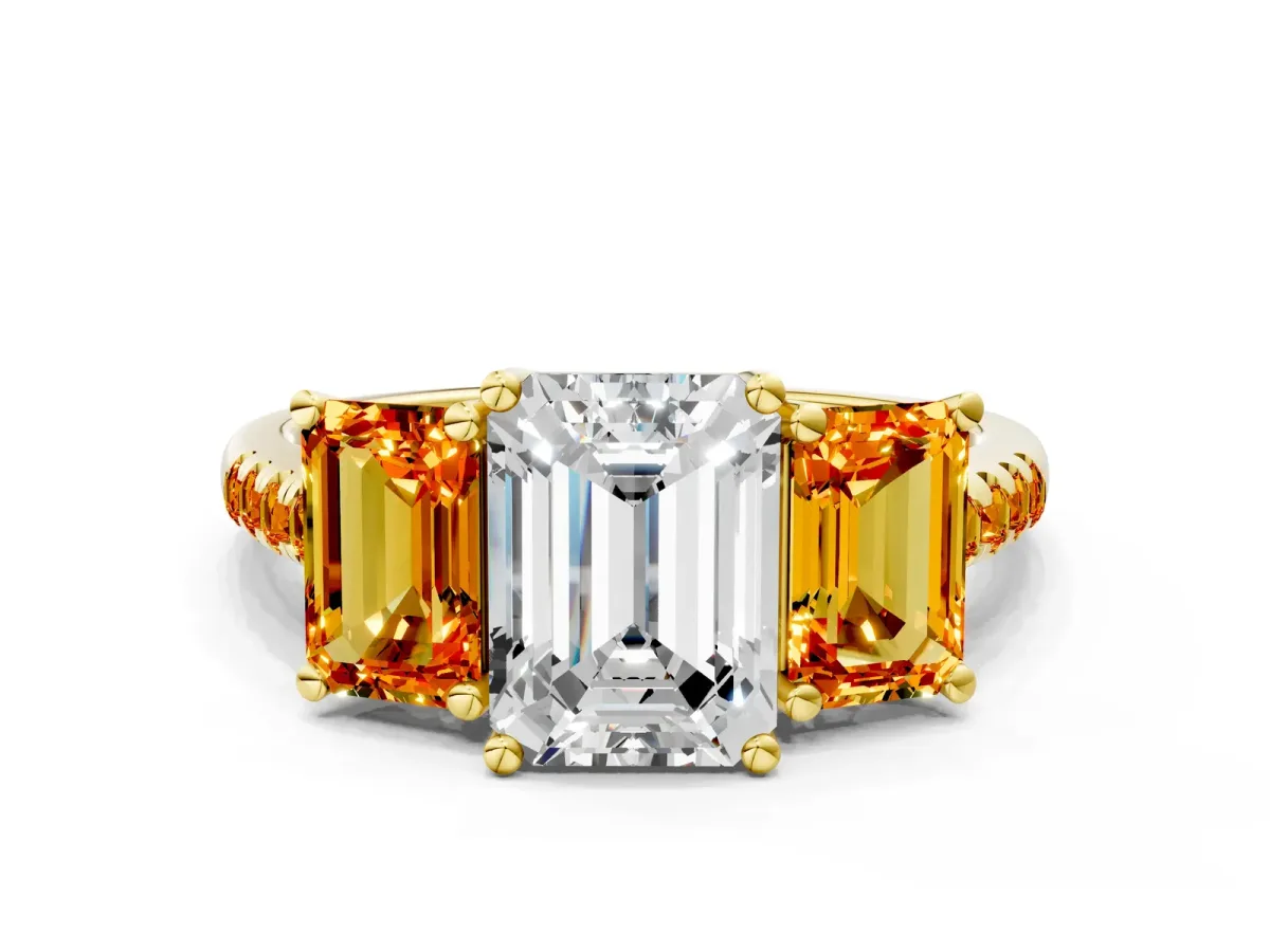 Three-Stone Emerald Cut Diamond Ring with Round Citrine Pavé Band and Prong Setting Yellow gold