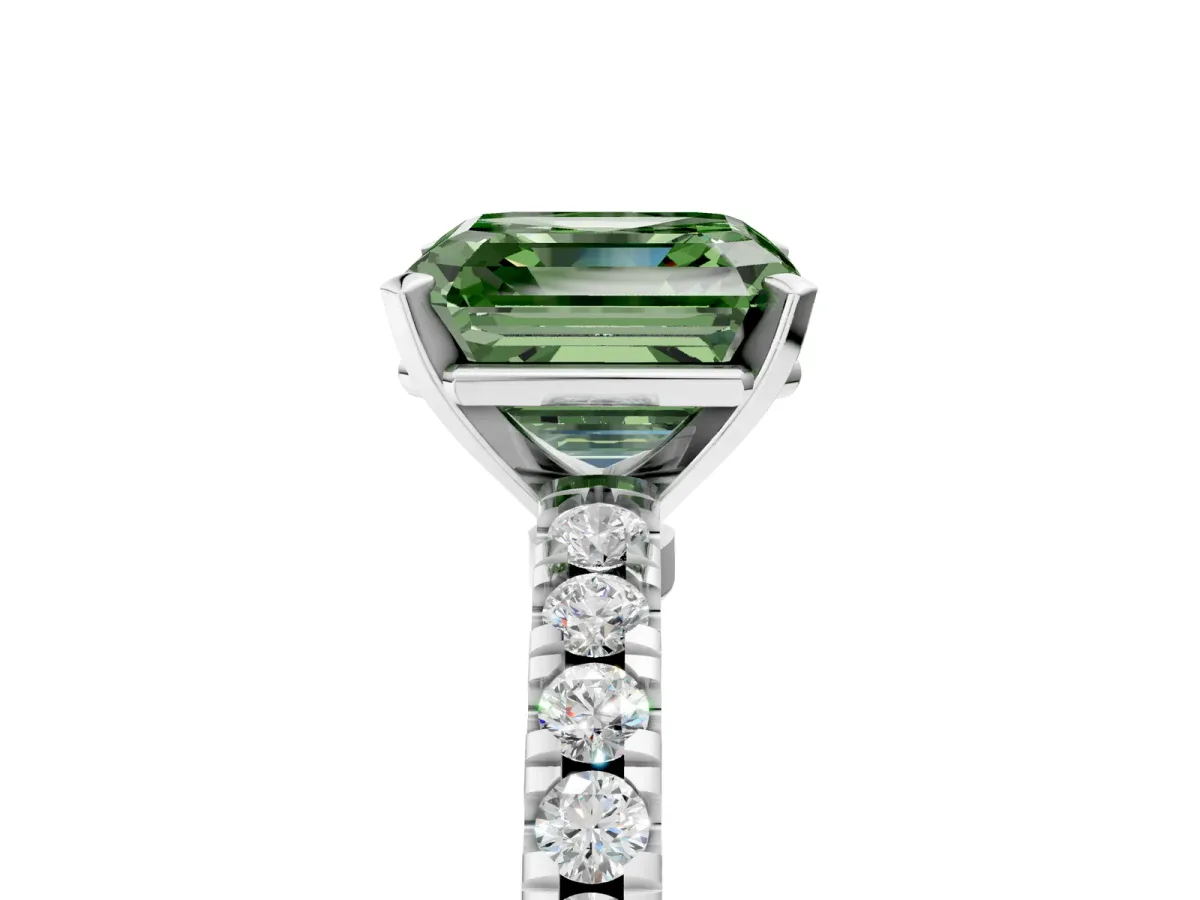 Fancy Green Asscher Cut Solitaire Diamond with Pavé Band and Four-Prong Setting Silver