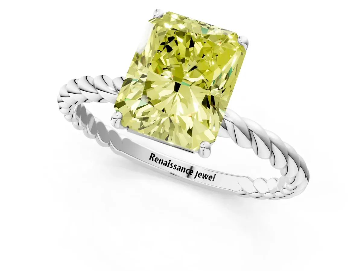 Fancy Yellow Radiant Cut Solitaire Twisted Band 4-Prong Ring Platinum