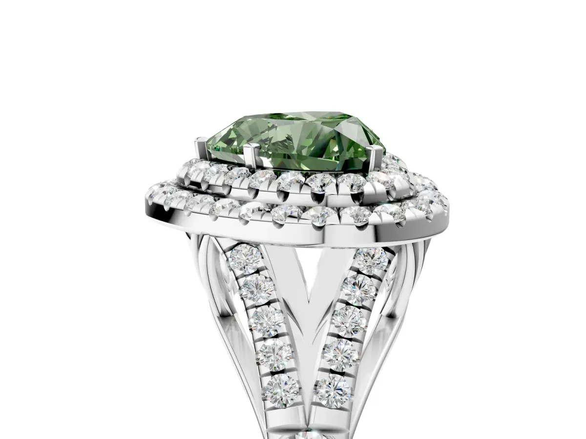 Fancy Green Heart Cut Cut Double Halo Split Shank Diamond Ring with Prong Setting Platinum