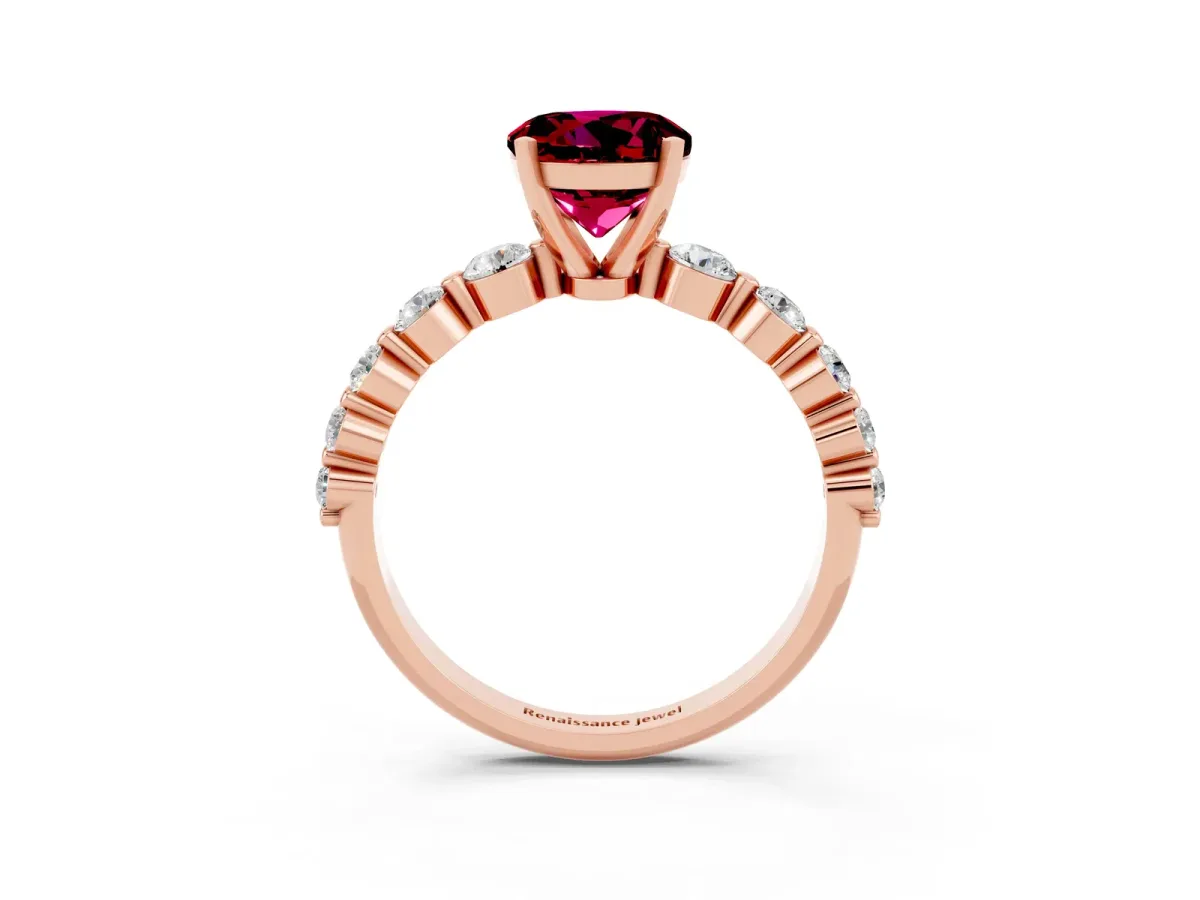 Round Cut Solitaire Garnet Ring with Pave Band and Four-Prong Setting Rose gold