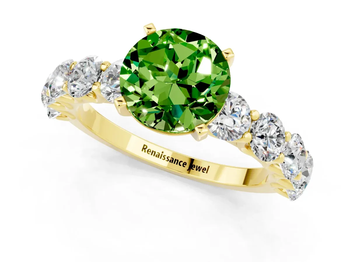 Round Cut Peridot Prong Setting with Side Stones on a Pave Band Yellow gold