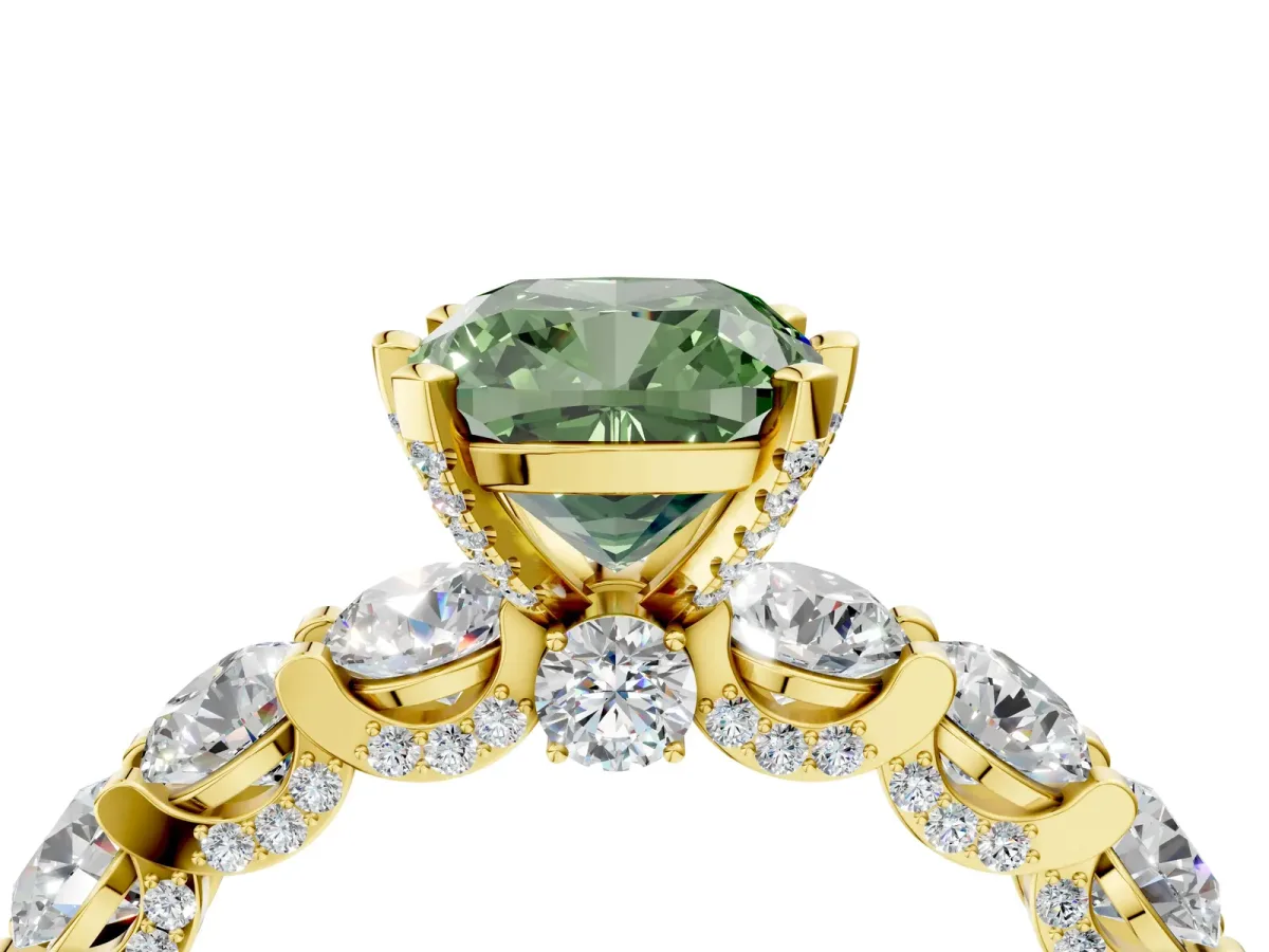 Fancy Green Cushion Cut Diamond Side Stone Engagement Ring with Four-Prong Setting Yellow gold