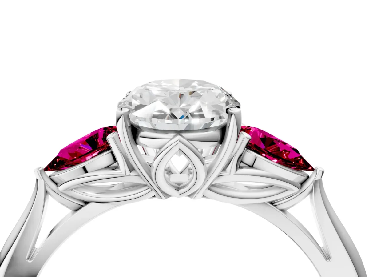 Oval Cut Diamond Three-Stone Ring with Pear Garnet Side Stones and Prong Setting White gold