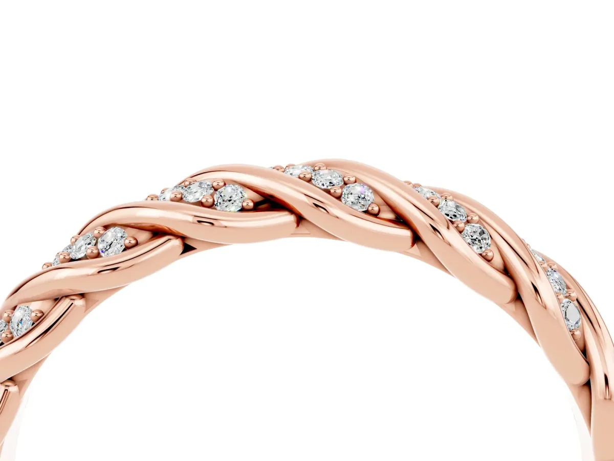 Twisted Pavé Round Moissanite Eternity Band with Shared Prong Setting Rose gold