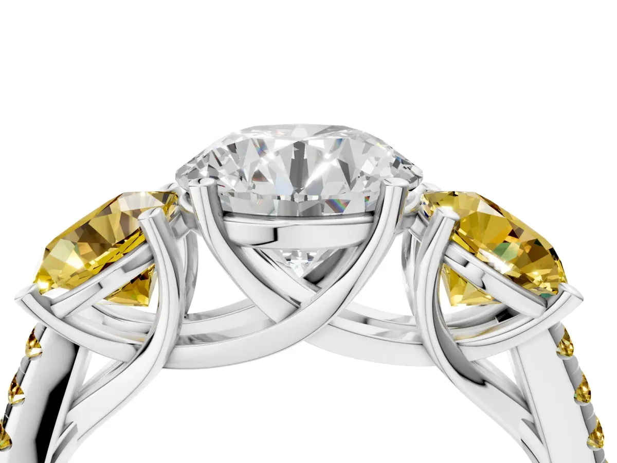 Three-Stone Round Cut Diamond Ring with Round Yellow Sapphire Pavé Band and Prong Setting Silver