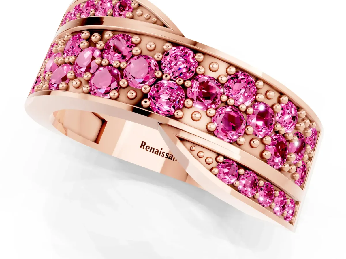 Pavé Round Pink Sapphire Crossover Band with Bead Prong Setting Rose gold