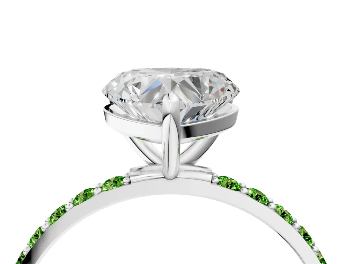 Heart Cut Diamond Solitaire Ring with Round Peridot Pavé Band and Prong Setting Silver