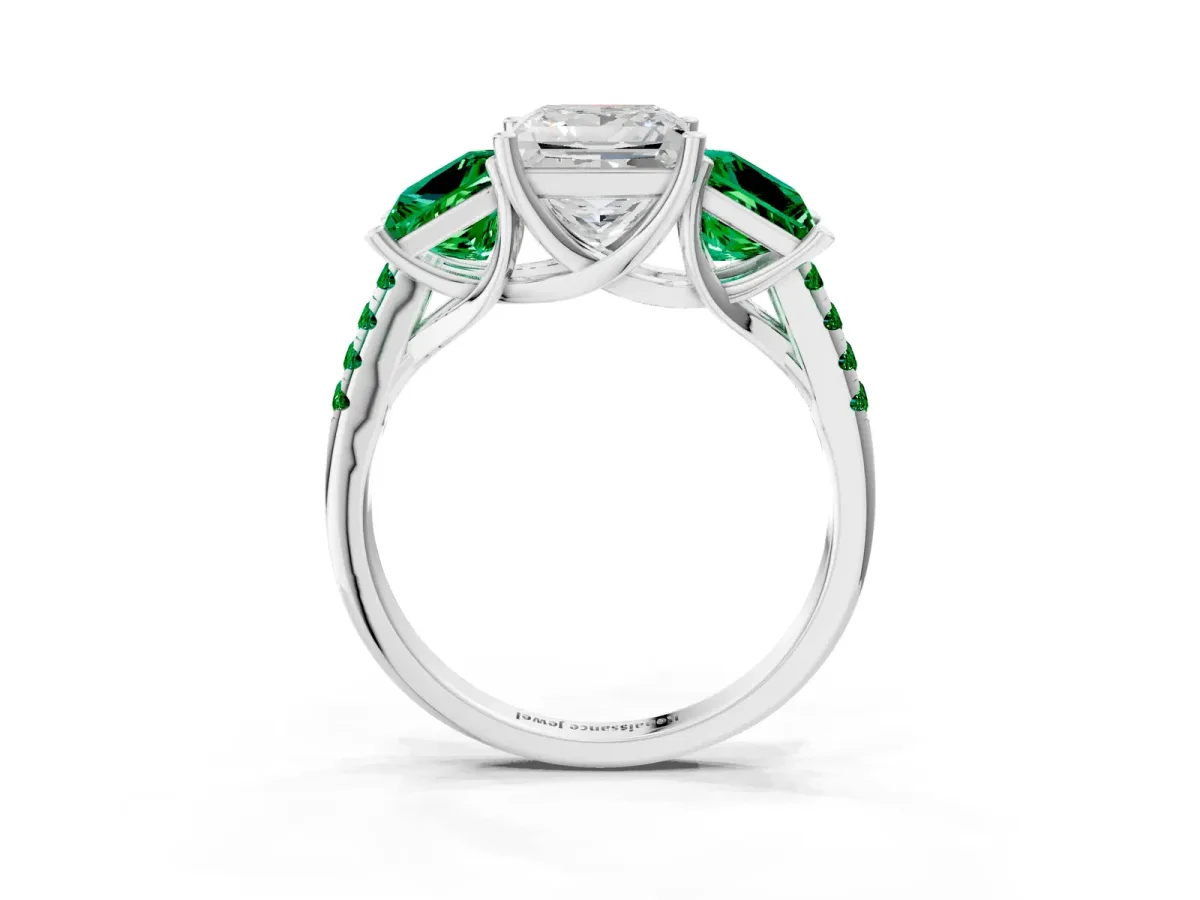 Three-Stone Princess Cut Diamond Ring with Round Emerald Pavé Band and Prong Setting Silver