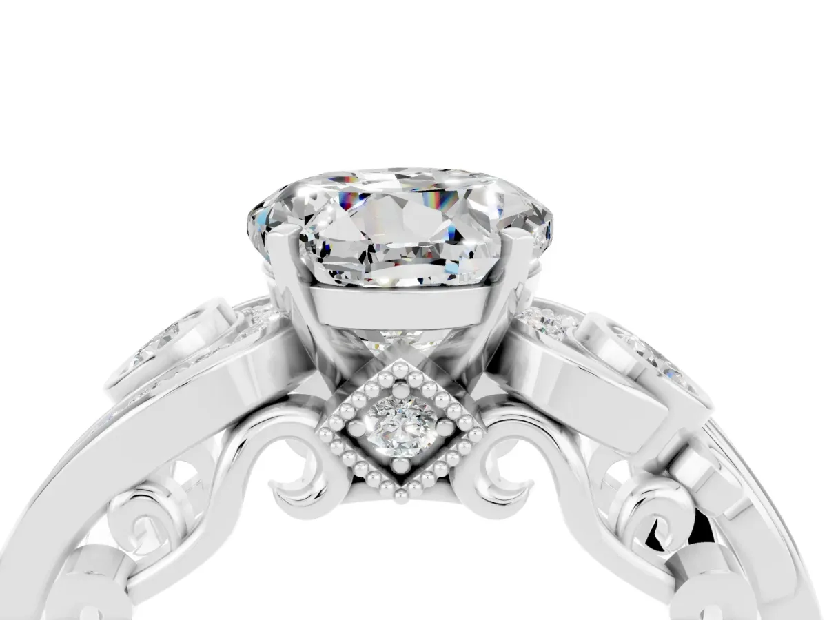 Round Cut Moissanite Solitaire Ring with Milgrain Pavé Band and Four-Prong Setting Silver