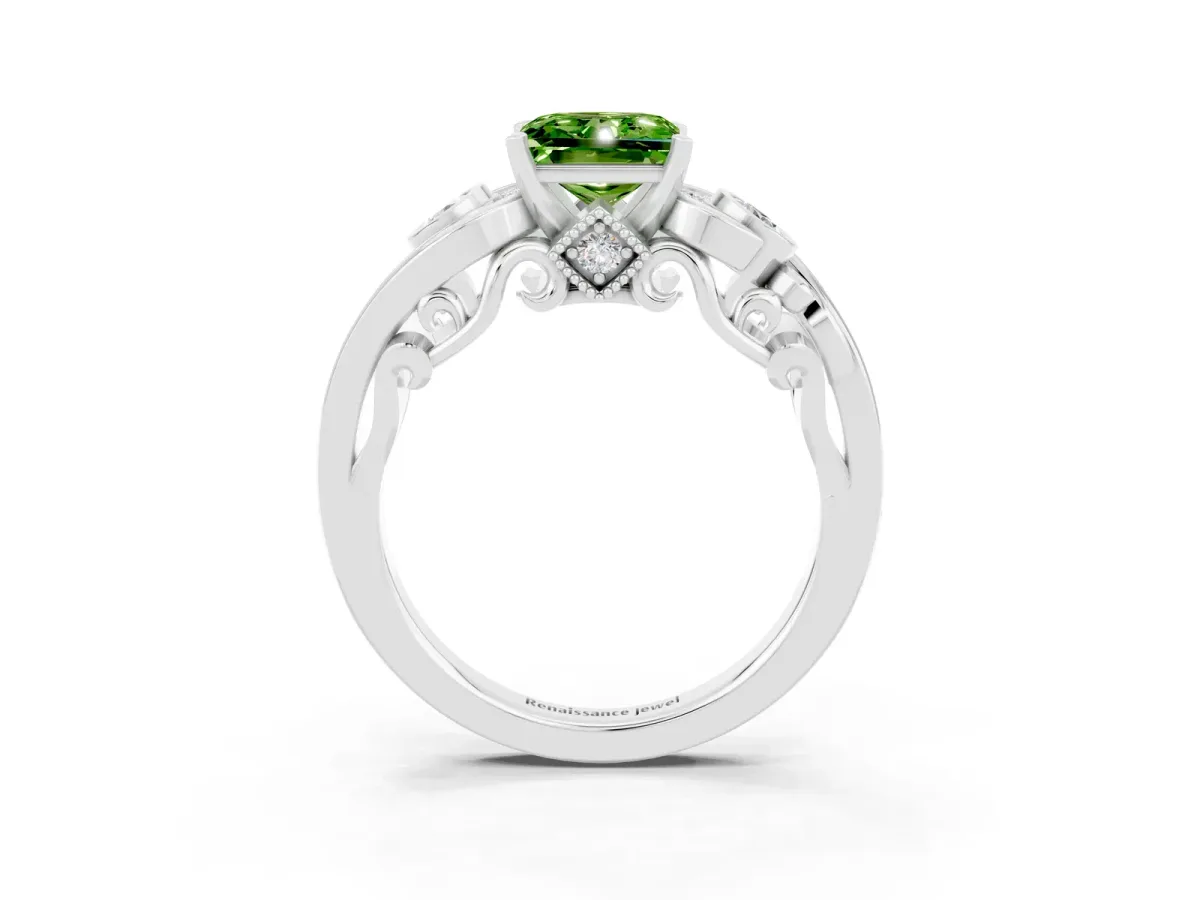 Princess Cut Peridot Solitaire Ring with Milgrain Pavé Band and Four-Prong Setting Silver