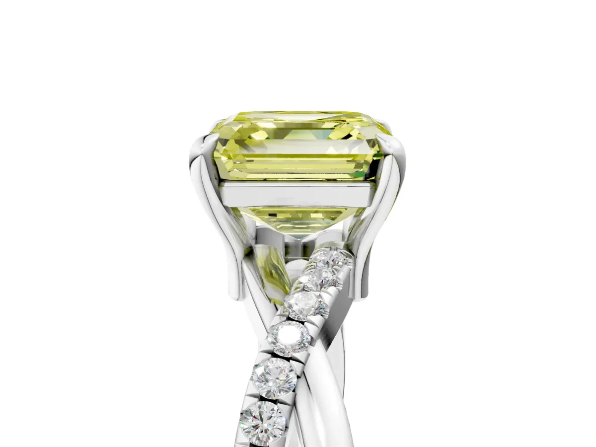Fancy Yellow Asscher Cut Cut Twist Band Solitaire Diamond Ring with Pavé Setting Platinum