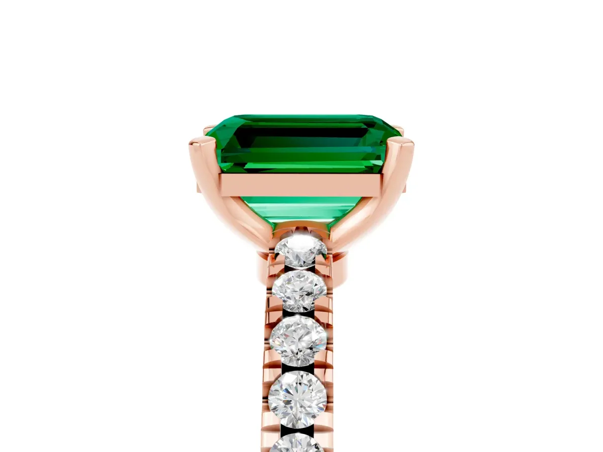 Emerald Cut Solitaire Emerald with Pavé Band and Four-Prong Setting Rose gold
