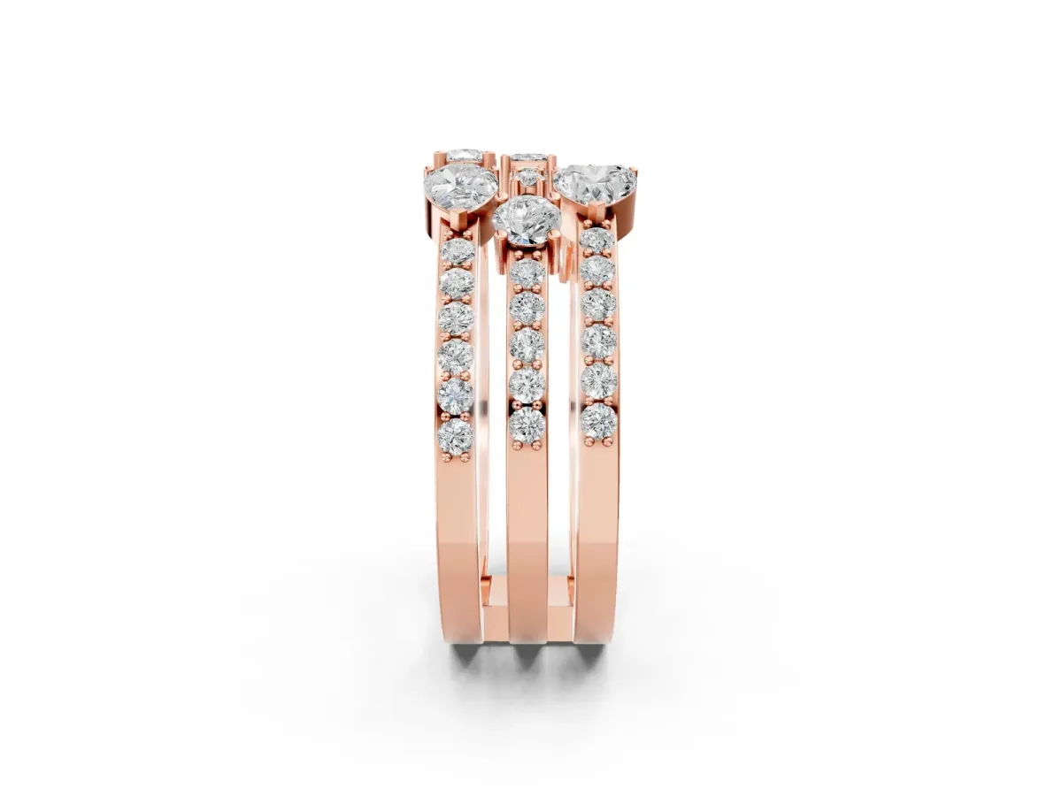 Mixed Shape Diamond Multi Row Promise Ring with Round Diamond Accents Rose gold