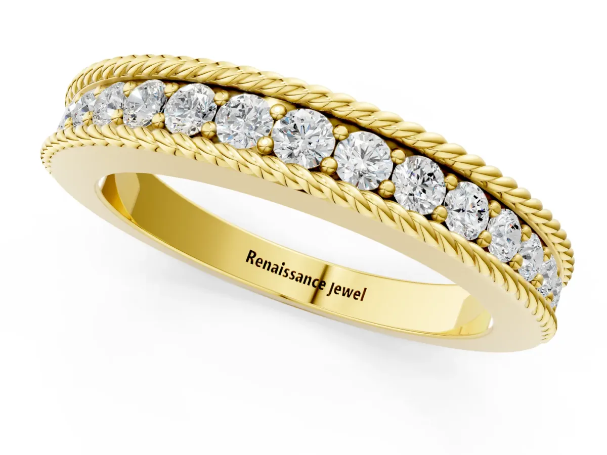 Channel Set Round Diamond Milgrain Edge Band Yellow gold