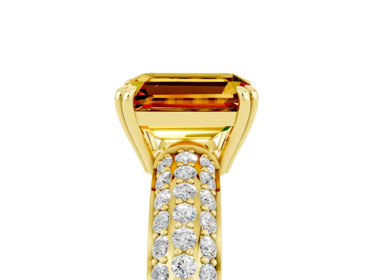 Emerald Cut Citrine Vintage Milgrain Ring with Round Stations Yellow gold