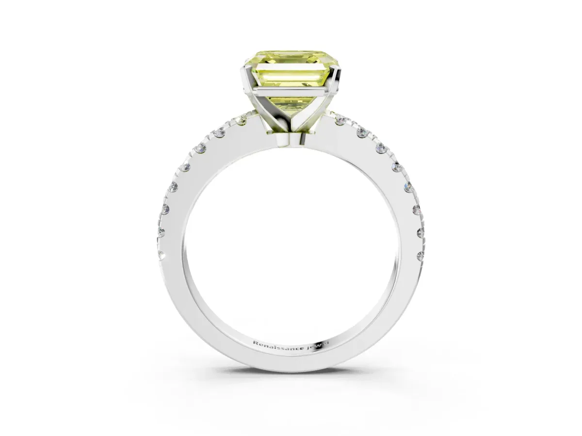 Fancy Yellow Asscher Cut Solitaire Diamond with Pavé Band and Four-Prong Setting Silver