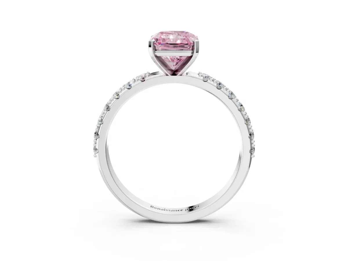 Fancy Pink Radiant Cut Diamond Solitaire Pavé Band with Four-Prong Setting Silver