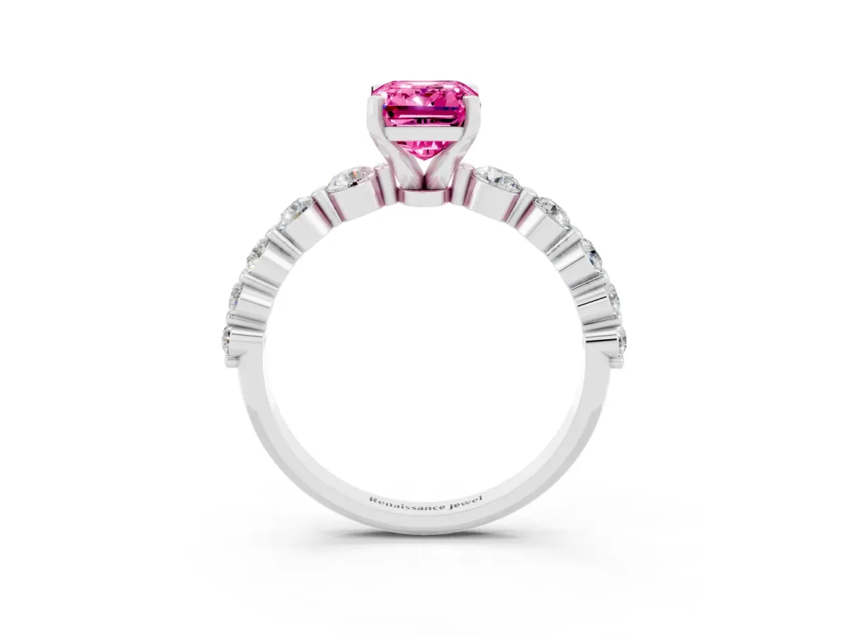 Emerald Cut Solitaire Pink Sapphire Ring with Pave Band and Four-Prong Setting Silver