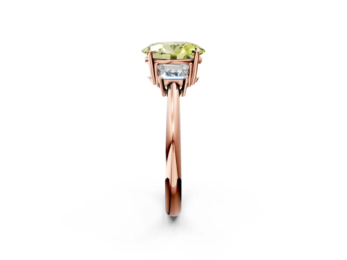 Fancy Yellow Oval Cut Diamond Three-Stone Ring with Trapezoid Side Stones and Prong Setting Rose gold