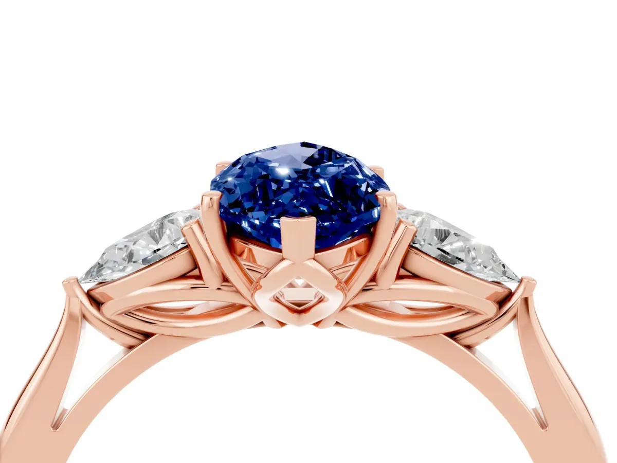 Marquise Cut Blue Sapphire Three-Stone Ring with Pear Side Stones and Prong Setting Rose gold