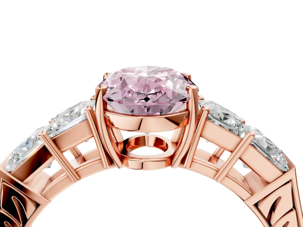Fancy Pink Oval Cut Solitaire Princess Side Stone Engraved Band Prong Setting Ring Rose gold