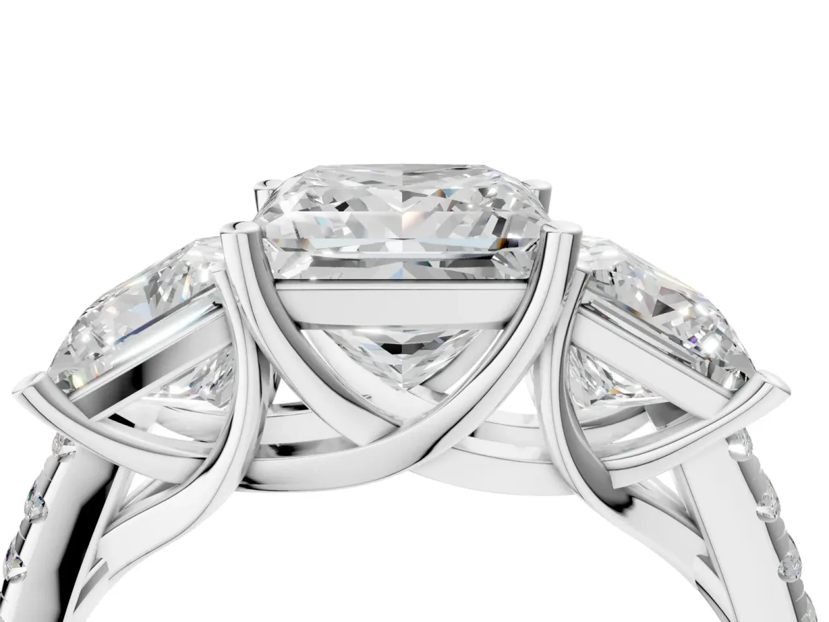 Three-Stone Princess Cut Diamond Ring with Round Moissanite Pavé Band and Prong Setting Silver