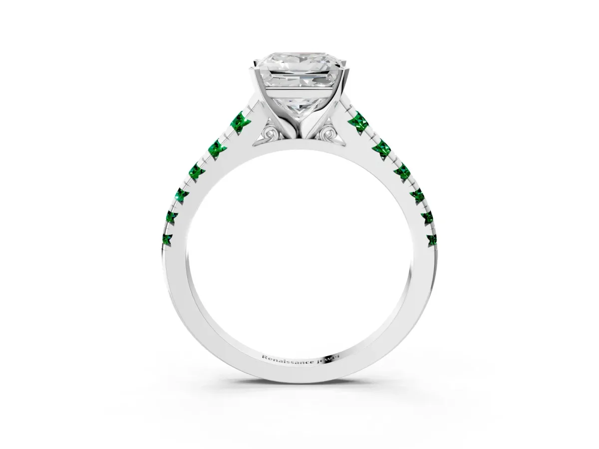 Princess Cut Diamond Cathedral Solitaire Ring with Round Emerald Pavé Band Silver