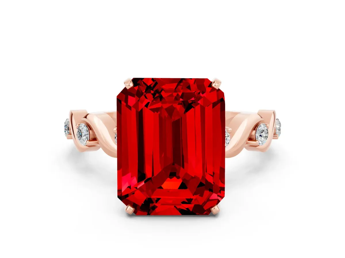 Emerald Cut Ruby Solitaire Twisted Band with Round Accents and Prong Setting Rose gold