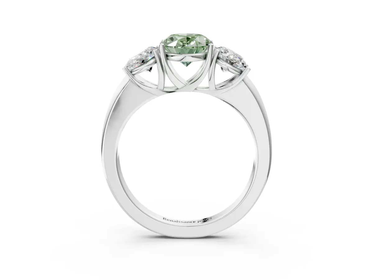 Fancy Green Oval Cut Diamond Three-Stone Ring with Four-Prong Setting and Classic Band White gold