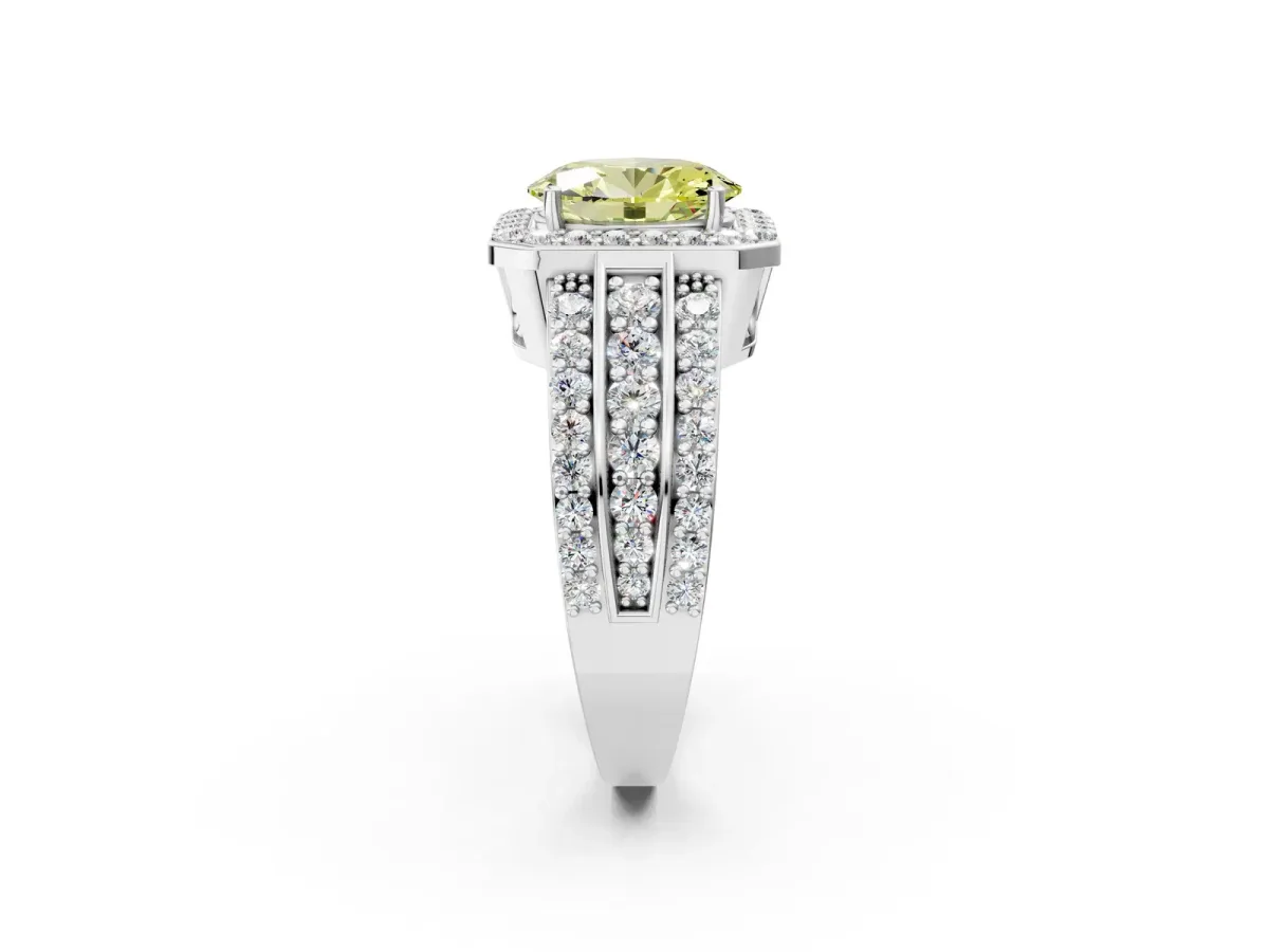 Fancy Yellow Oval Cut Halo Diamond Ring with Round Split Shank and Prong Setting Silver