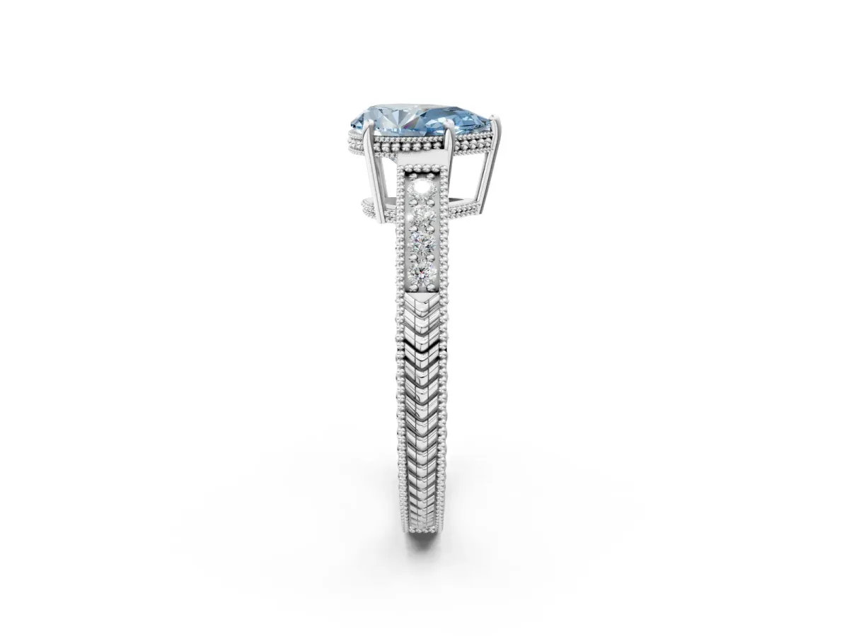 Fancy Blue Pear Cut Diamond Ring with Milgrain Pavé Band and Four-Prong Setting Platinum