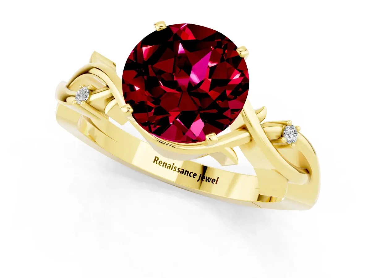 Round Cut Garnet Solitaire Ring with Twisted Band and Prong Setting Yellow gold